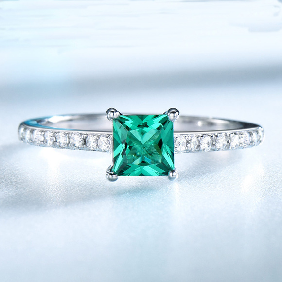 Penfine Jewelry Emerald Engagement Ring Sterling Silver 5mm Square